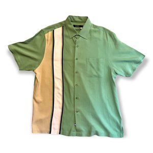 Nat Nast Mens Green 100% Silk Button Up Shirt Sz L Bowling Rockabilly 50s 60s